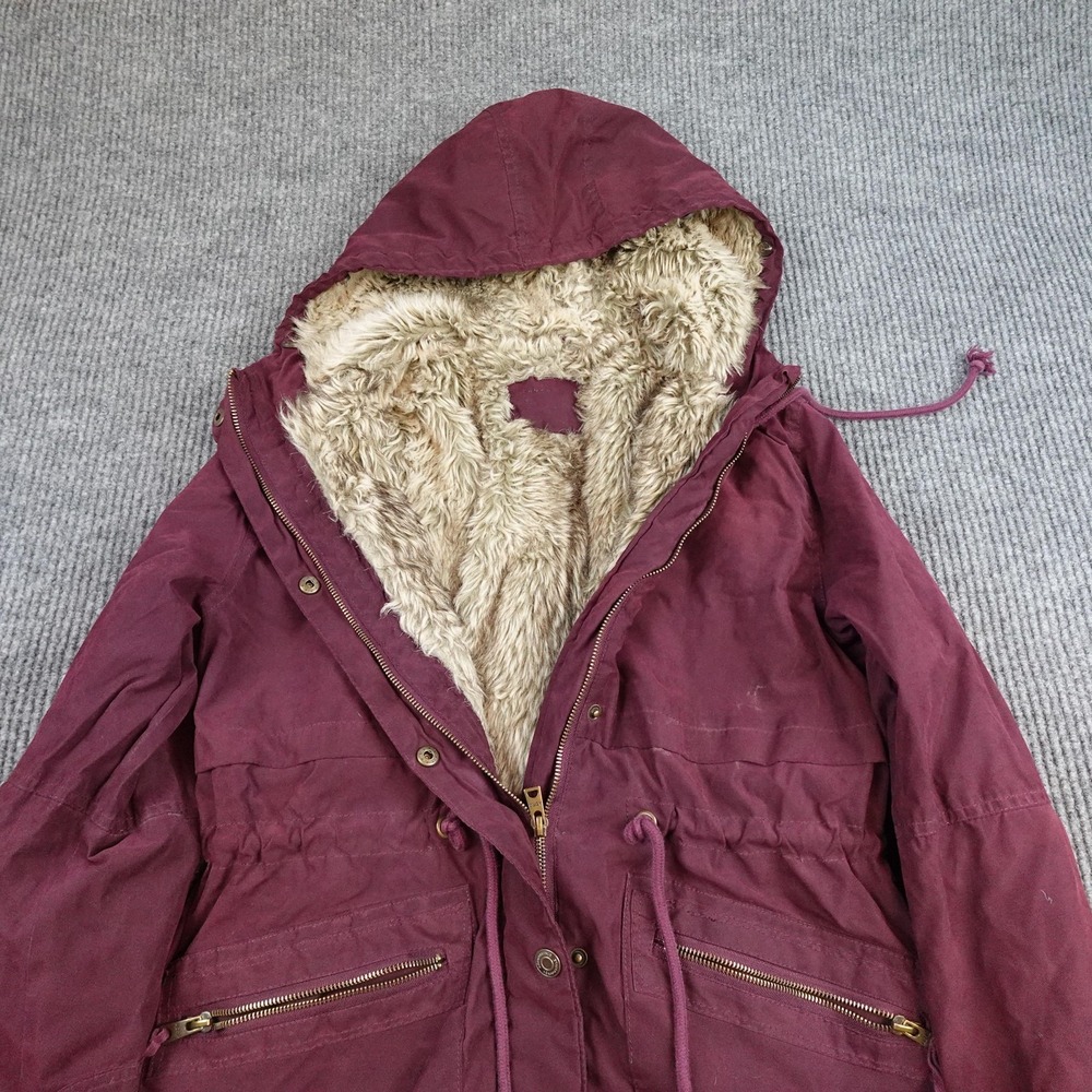 Aeropostale Faux Fur Lined Jacket Womens Large Red Hooded Zip Pockets Parka